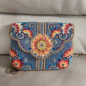 Mary Frances Beaded Sunflower Denim Crossbody Bag